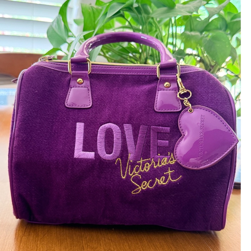 Victoria's Secret Love Y2K Velour Mirror Charm Satchel Heart Bag, Purple Gold